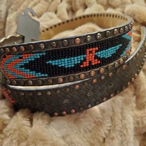 Womens Angel Ranch Southwest Beaded Leather Belt sz M NWT